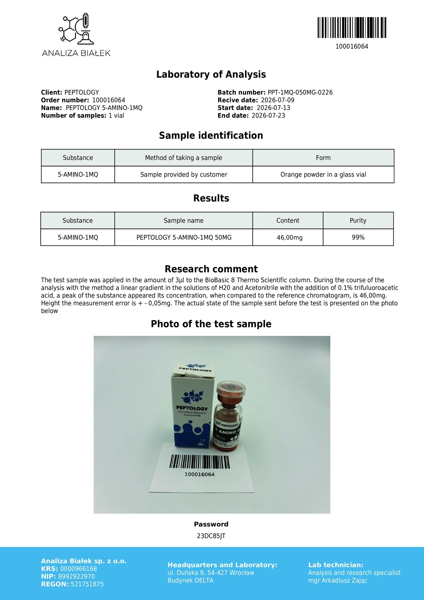 5-Amino-1MQ 50 mg – HPLC purity certificate, batch 0226