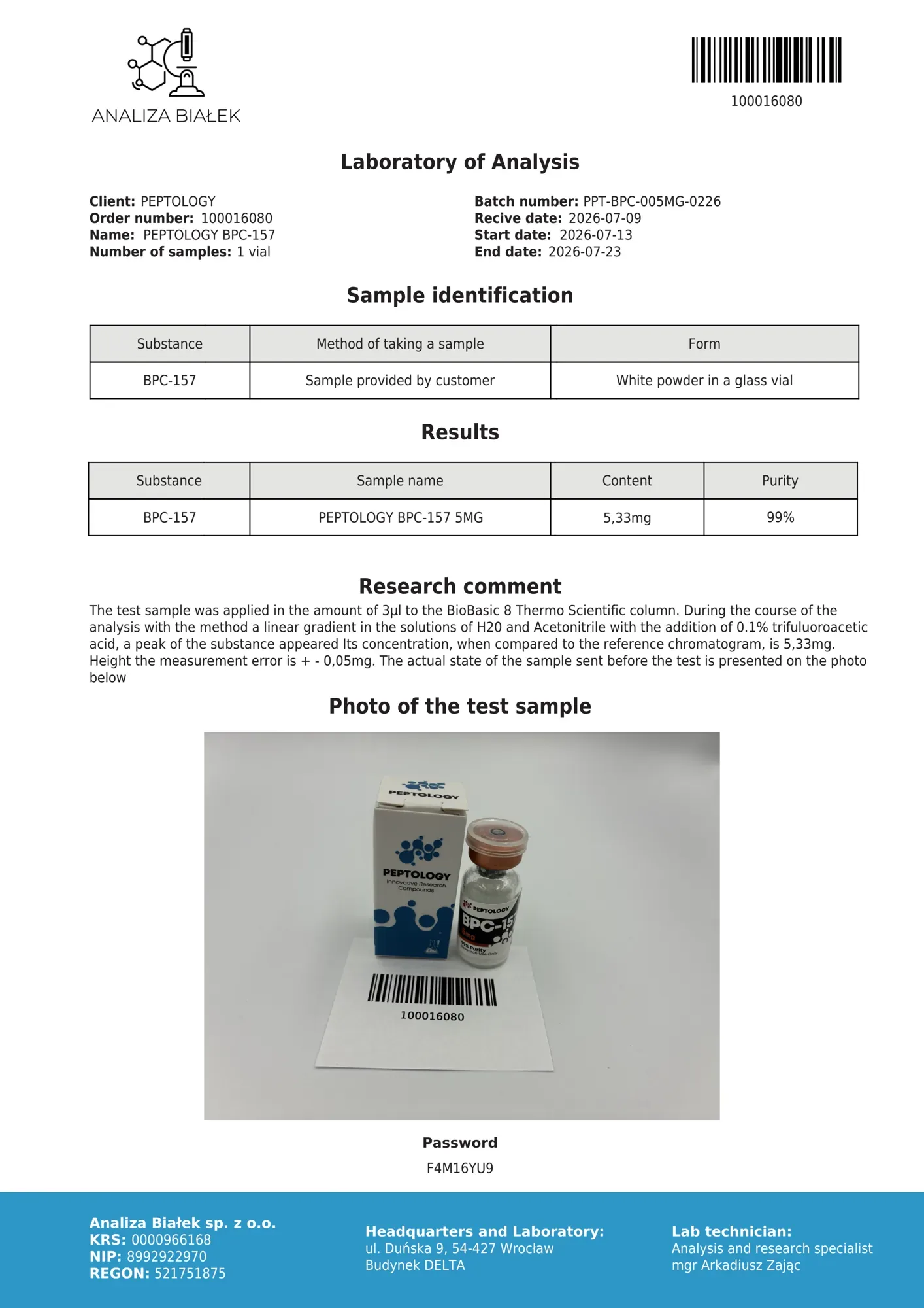 BPC‑157 5 mg – HPLC purity certificate, batch 0226