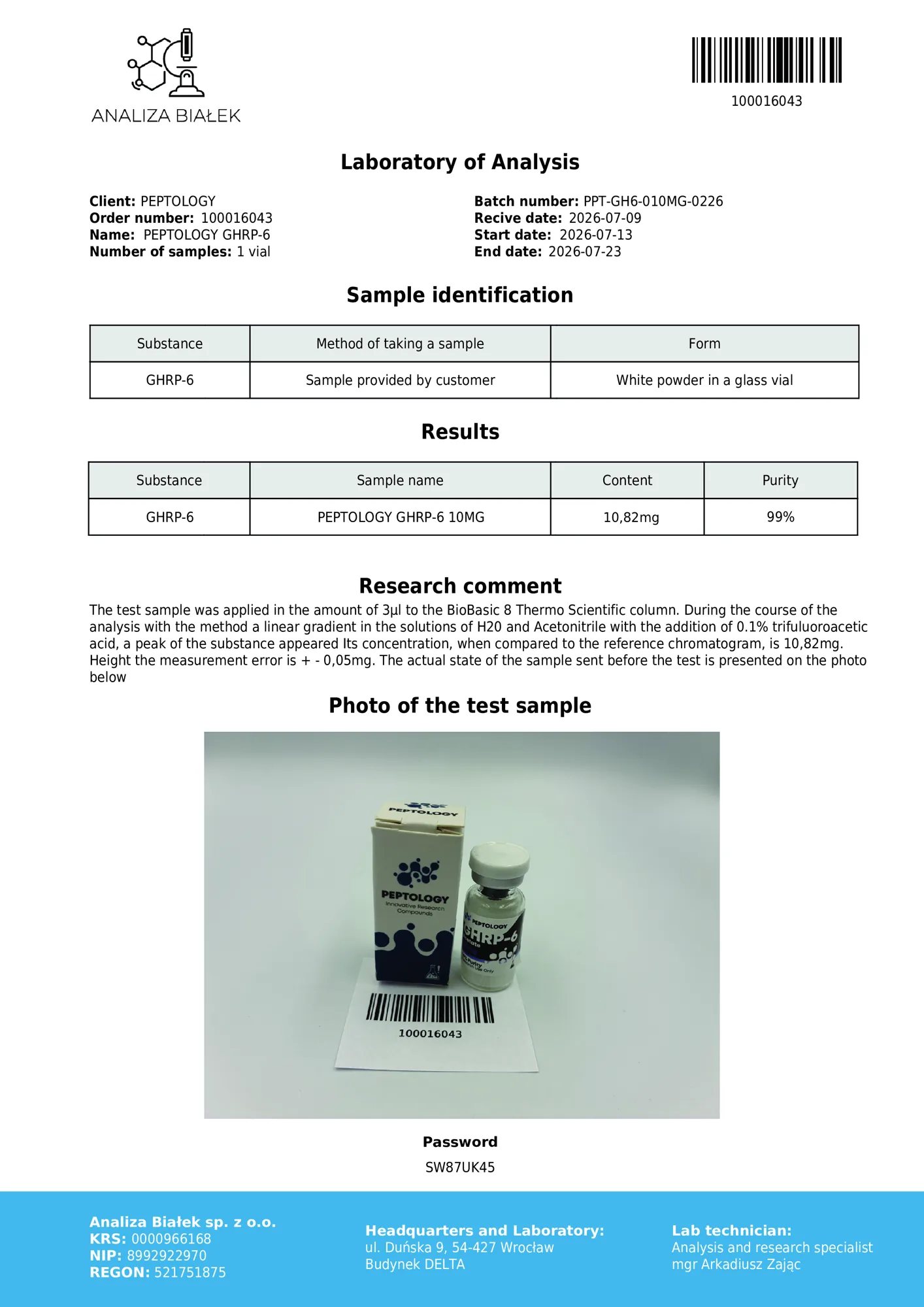 GHRP-6 10 mg – HPLC purity certificate, batch 0226