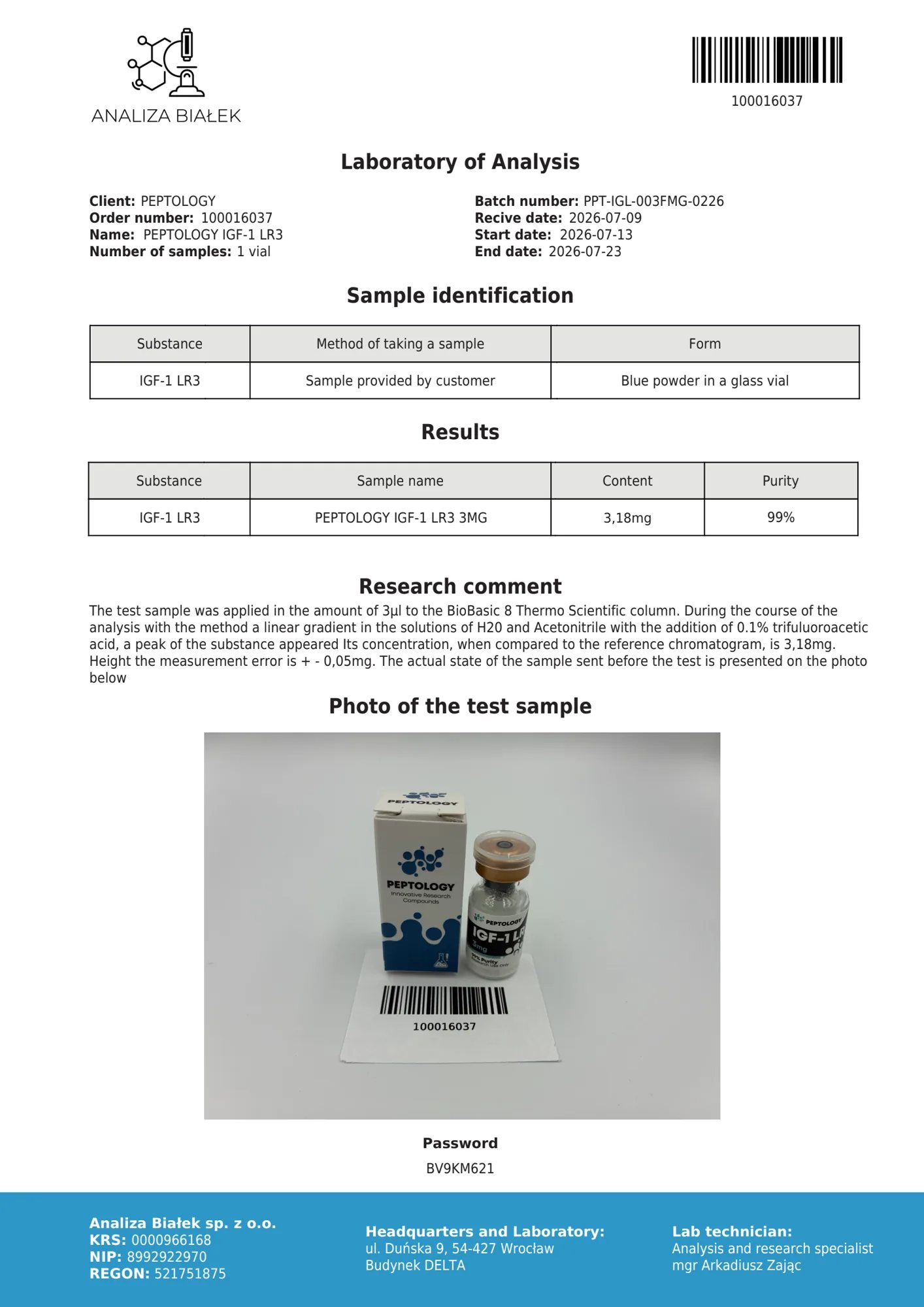 IGF‑1 LR3 3 mg – HPLC purity certificate, batch 0226
