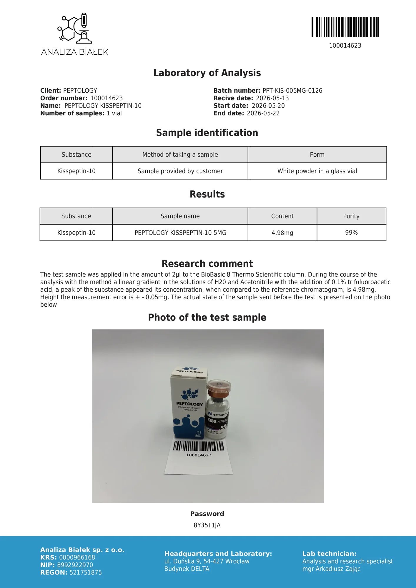 Kisspeptin-10 5 mg – HPLC purity certificate, batch 0126