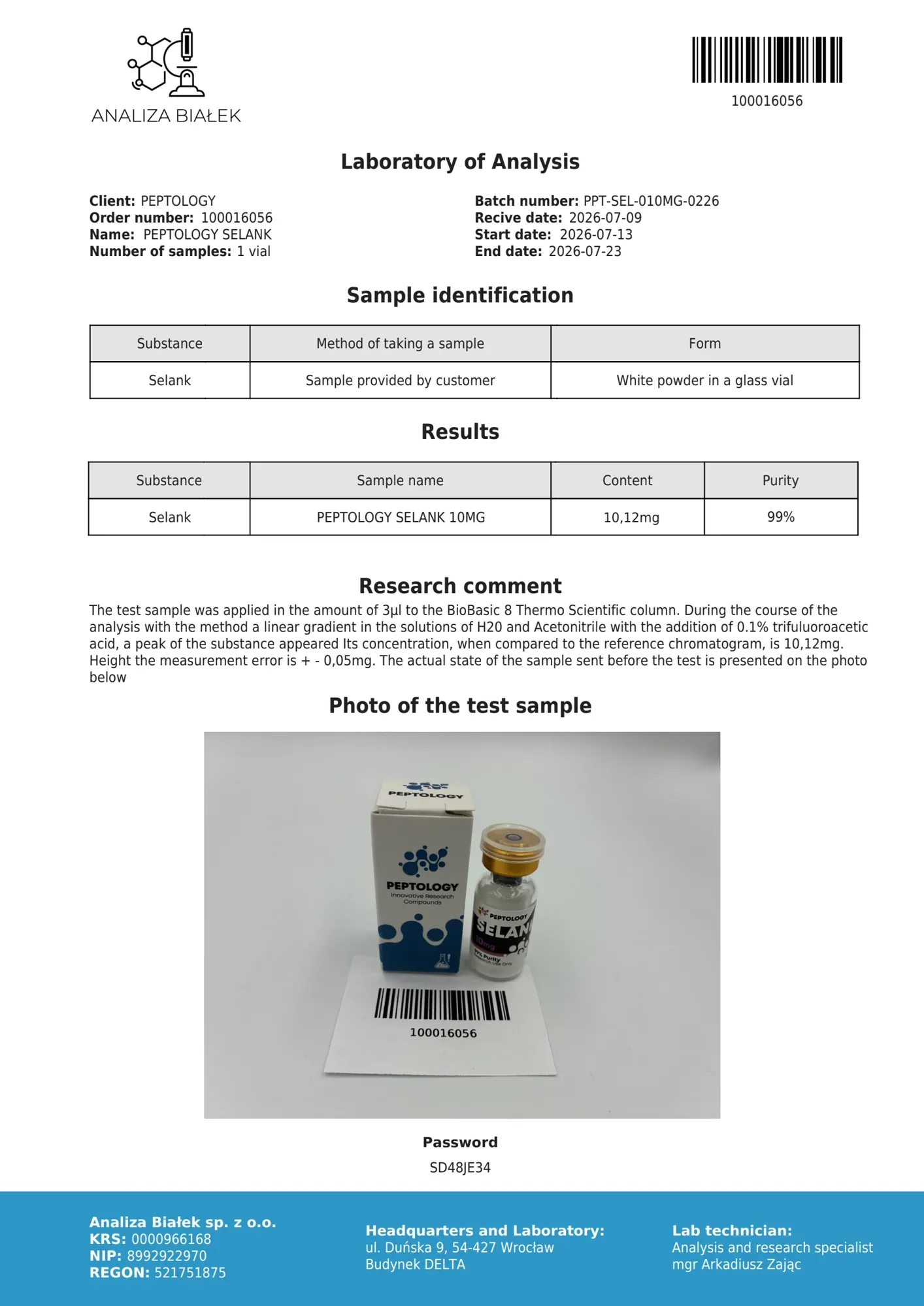 Selank 10 mg – HPLC purity certificate, batch 0226