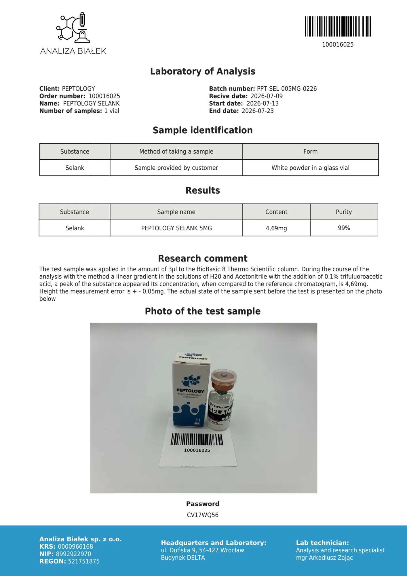 Selank 5 mg – HPLC purity certificate, batch 0226