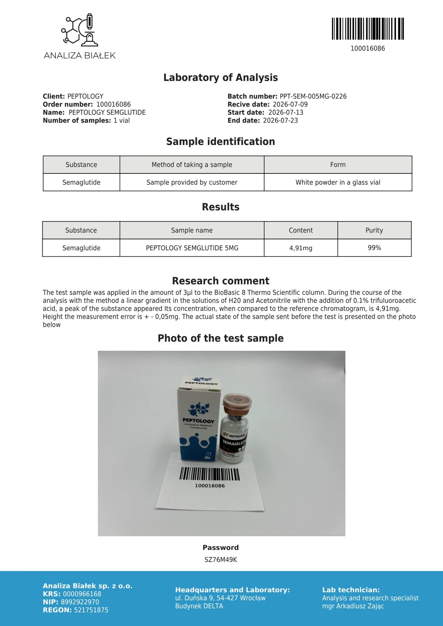 Semaglutide 5 mg – HPLC purity certificate, batch 0226