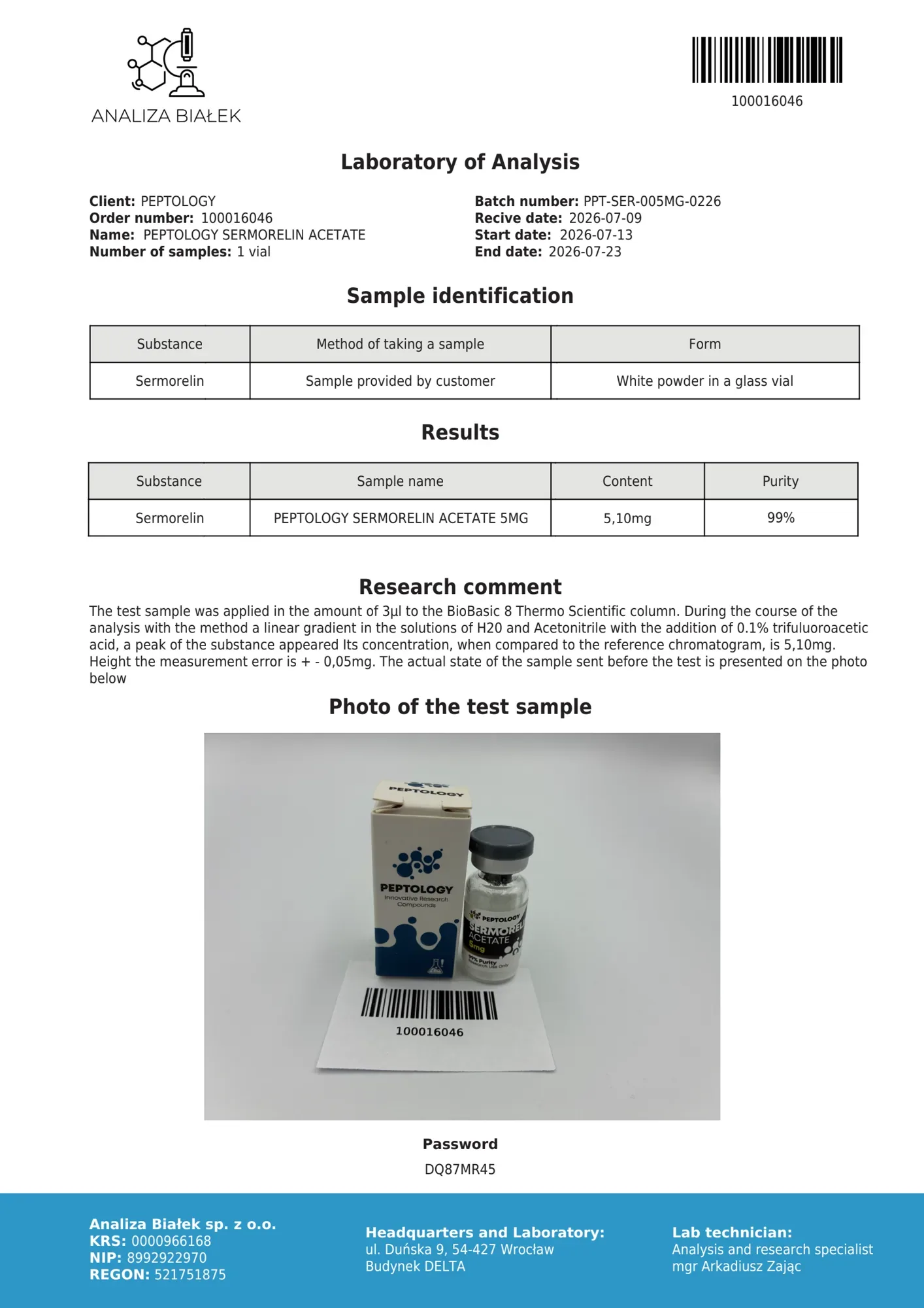 Sermorelin 5 mg – HPLC purity certificate, batch 0226