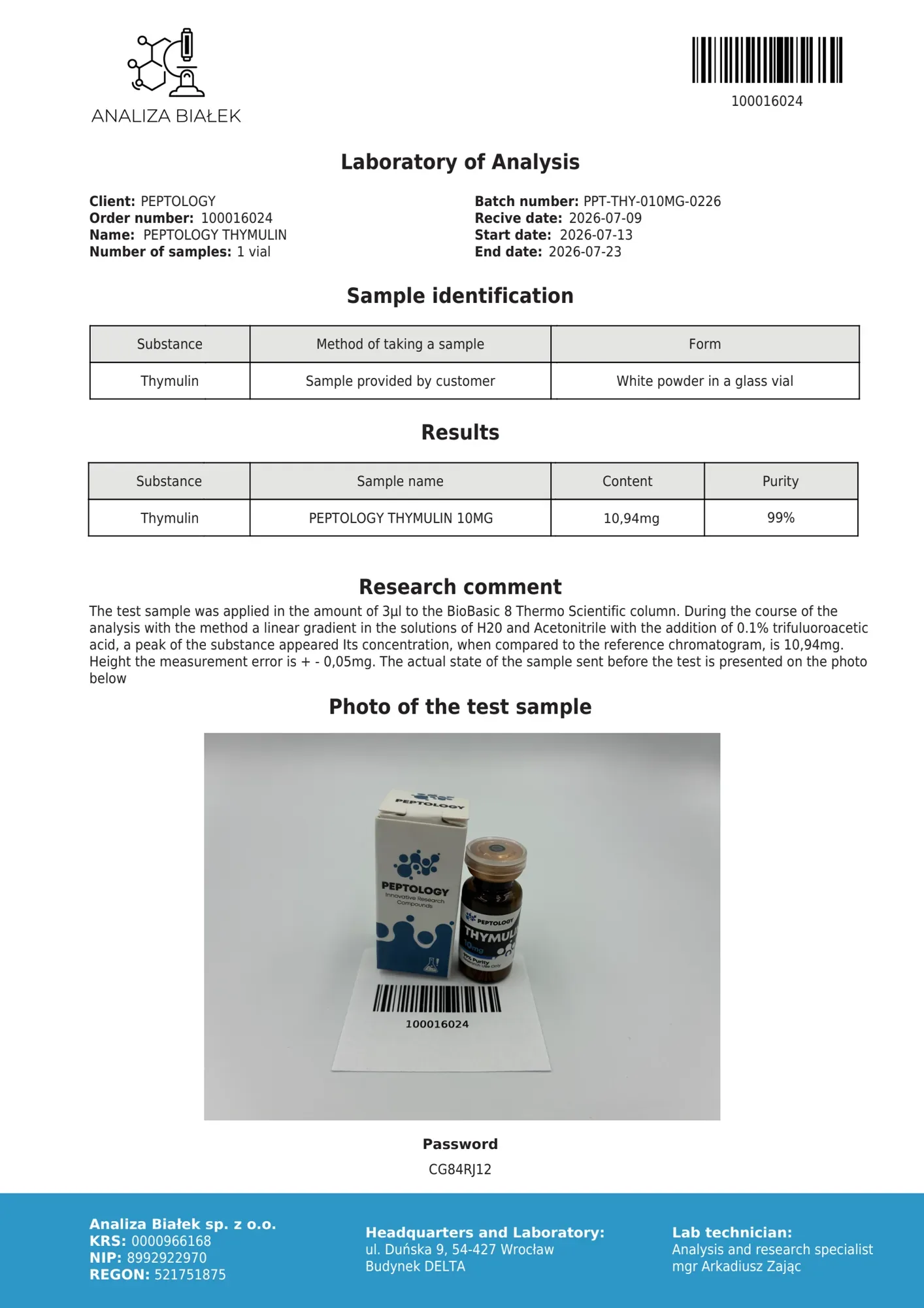 Thymulin 10 mg – HPLC purity certificate, batch 0226