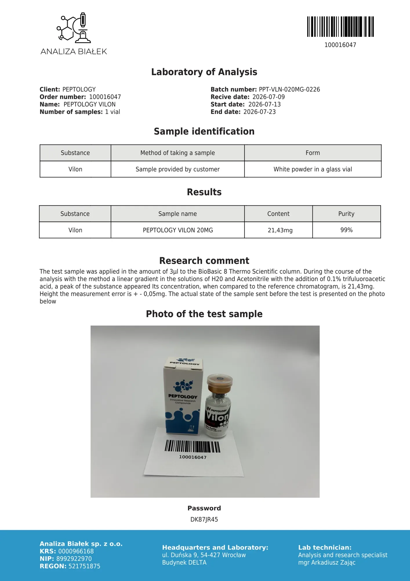 Vilon 20 mg – HPLC purity certificate, batch 0226
