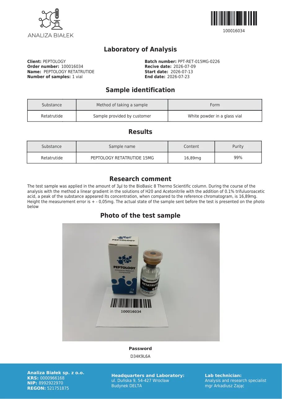 Retatrutide 15 mg – HPLC purity certificate, batch 0226
