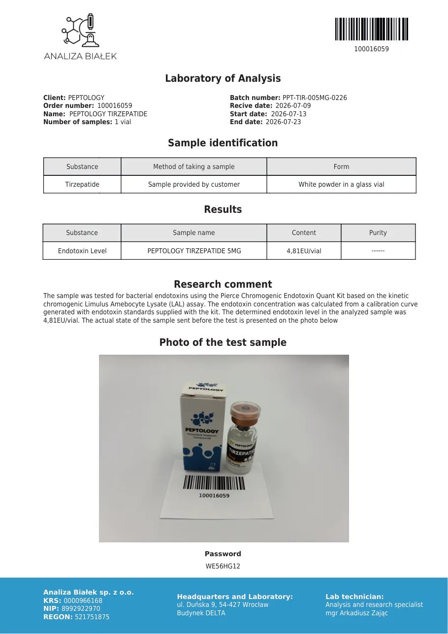 Tirzepatide 5 mg – endotoxin test, batch 0226