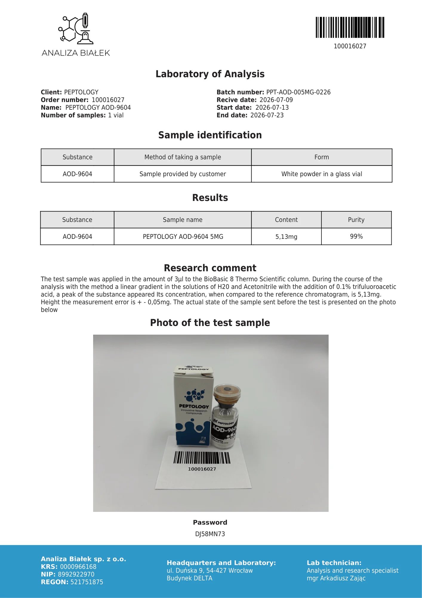 AOD-9604 5 mg – HPLC purity certificate