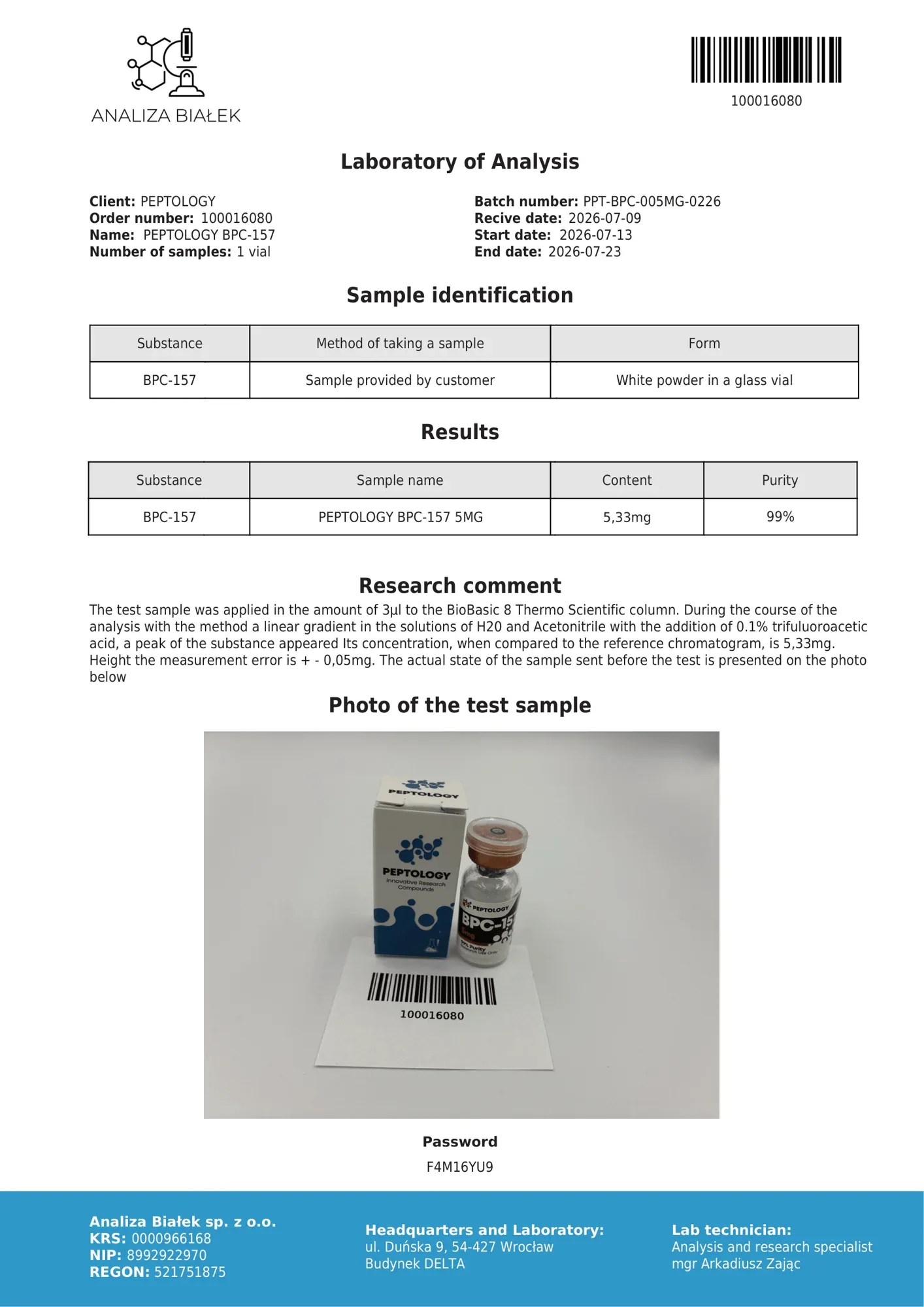 BPC‑157 5 mg – HPLC purity certificate