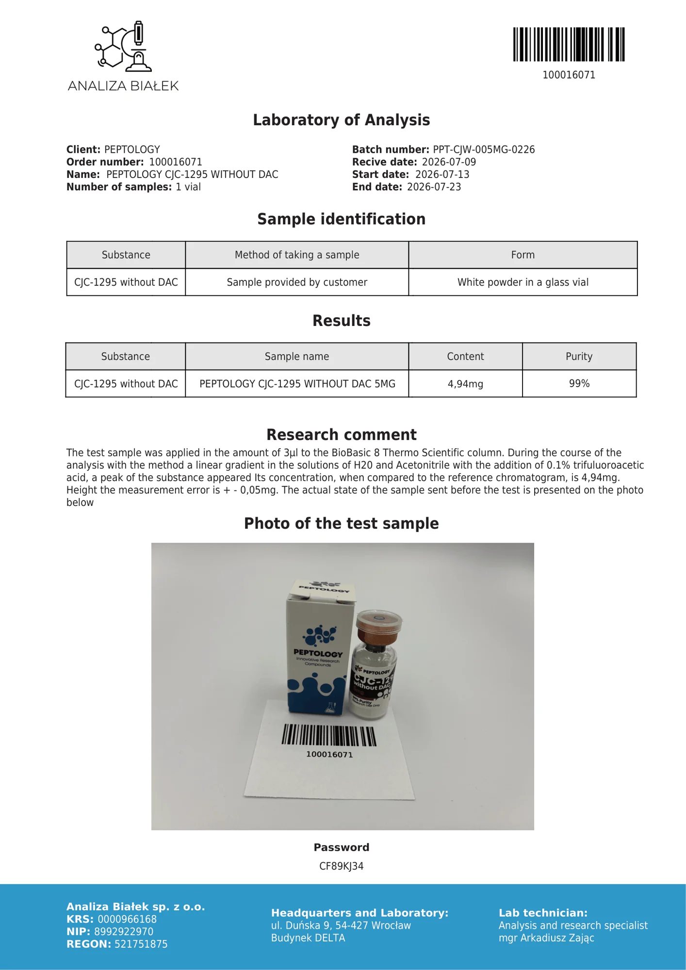 CJC‑1295 ilma DAC-ita 5 mg – HPLC purity certificate