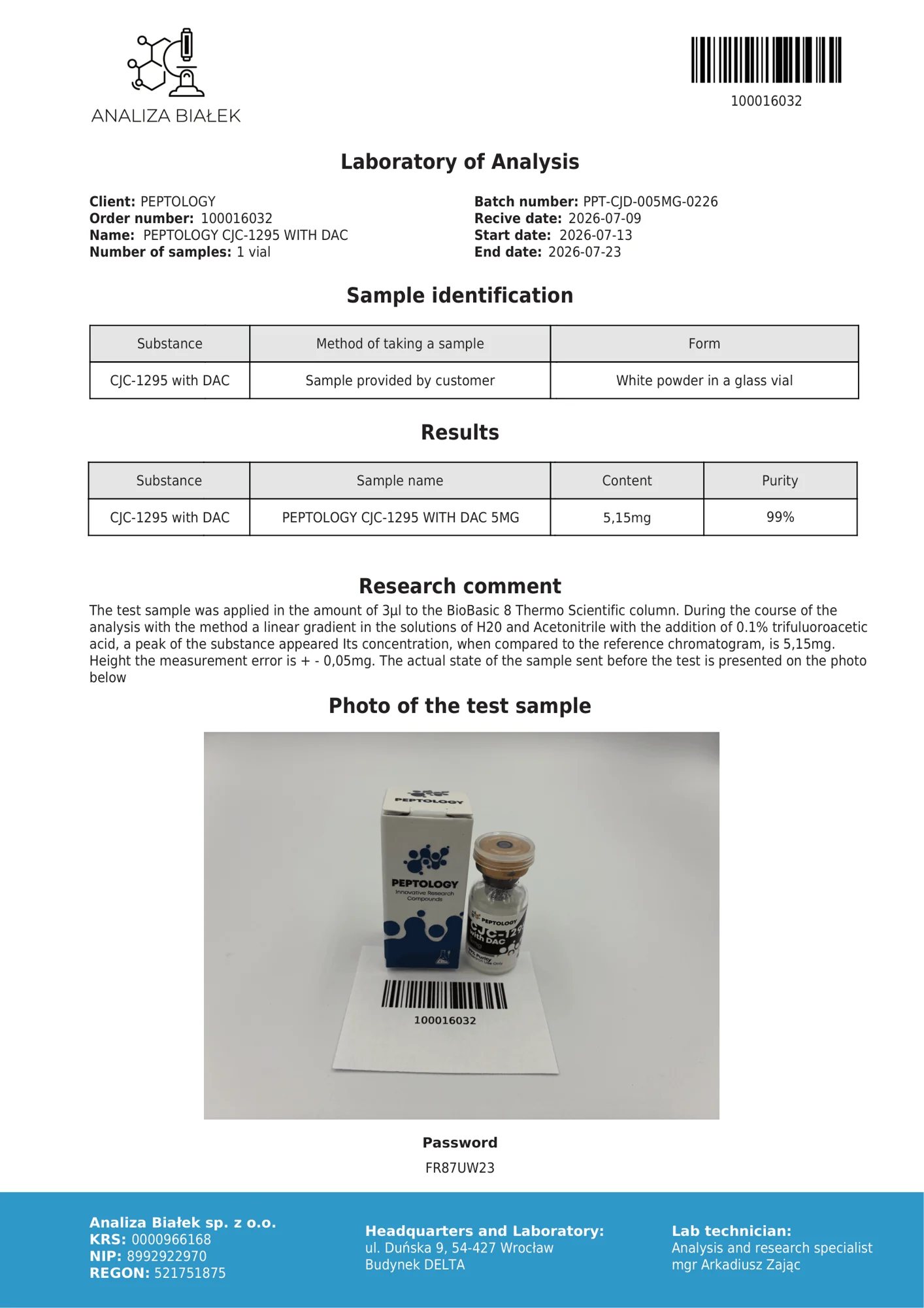 CJC‑1295 DAC-iga 5 mg – HPLC purity certificate