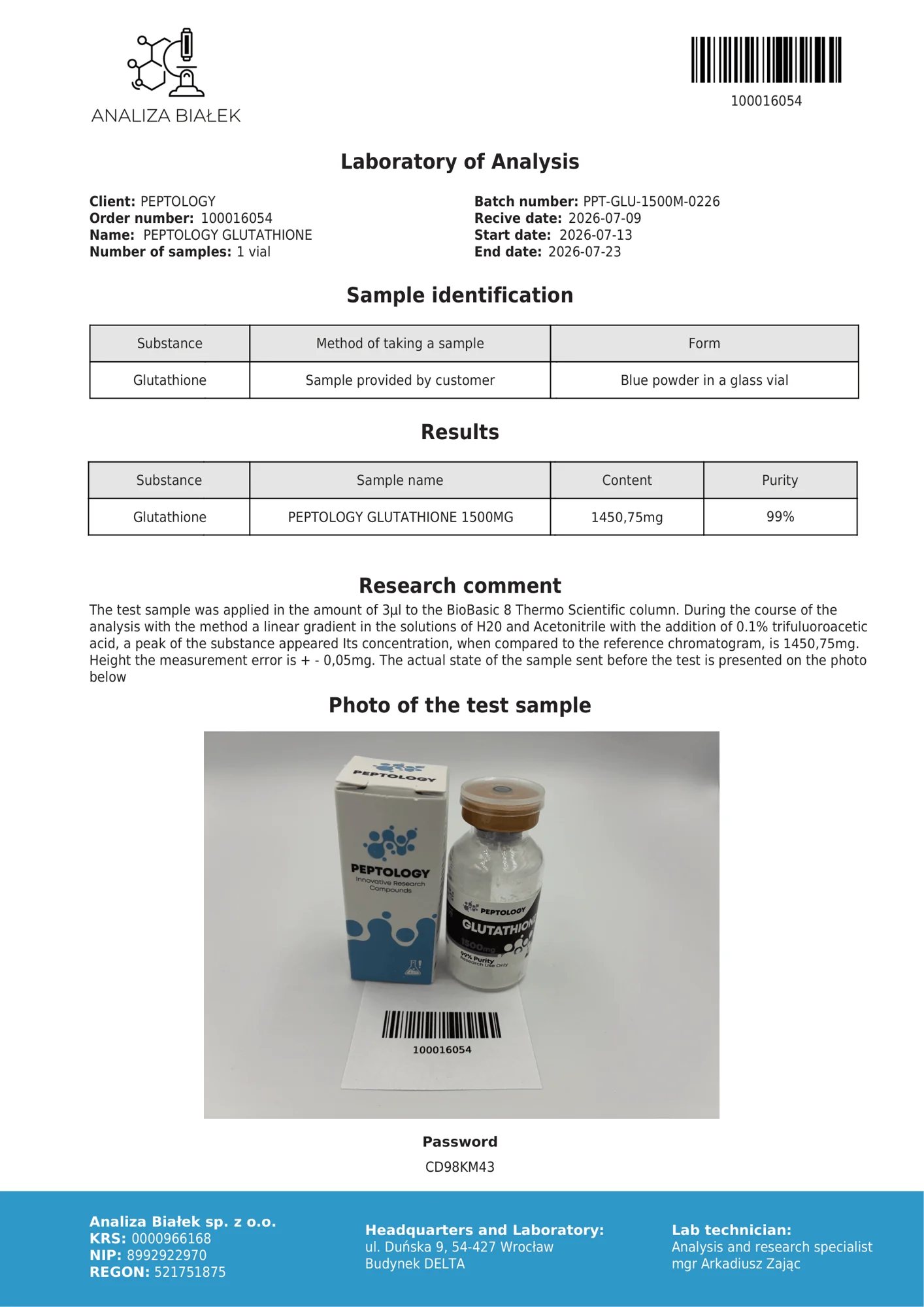 Glutatioon 1500 mg – HPLC purity certificate