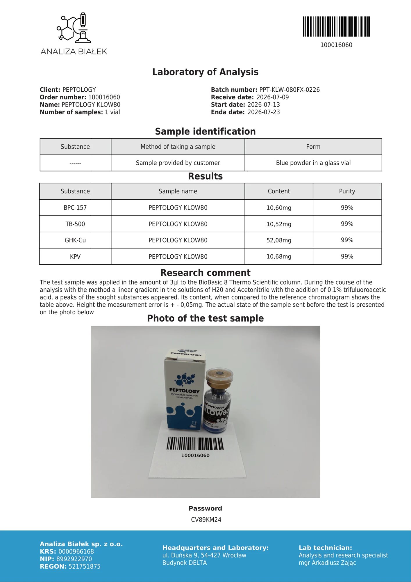 KLOW80 80 mg – HPLC purity certificate