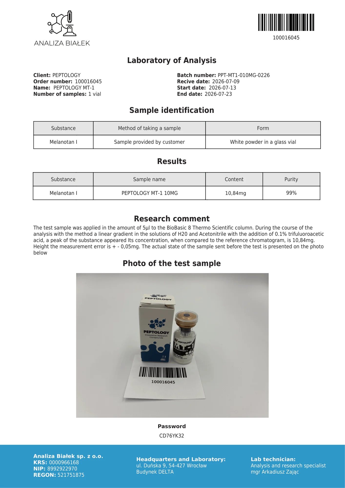 MT-1 10 mg – HPLC purity certificate