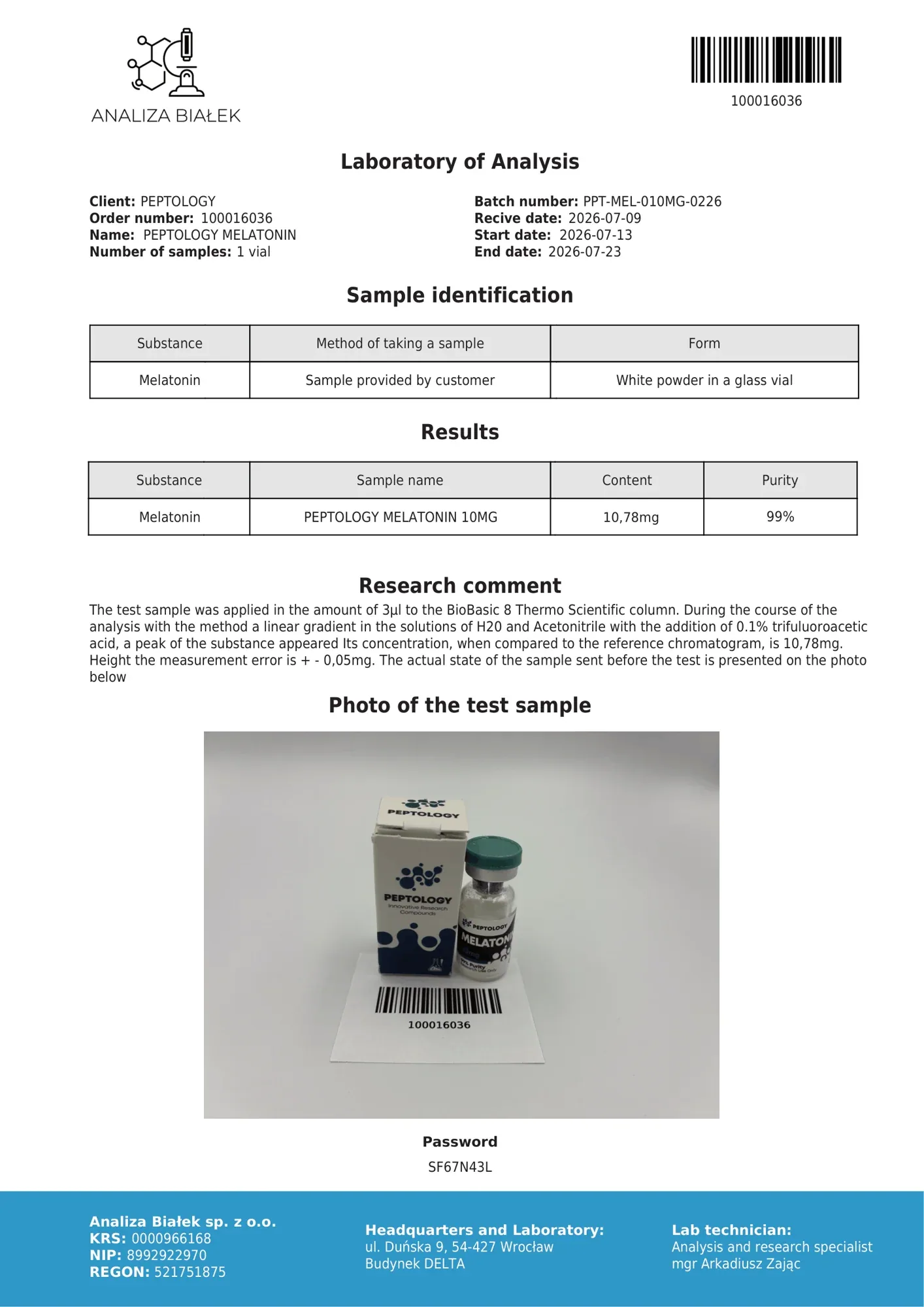 Melatonin 10 mg – HPLC purity certificate