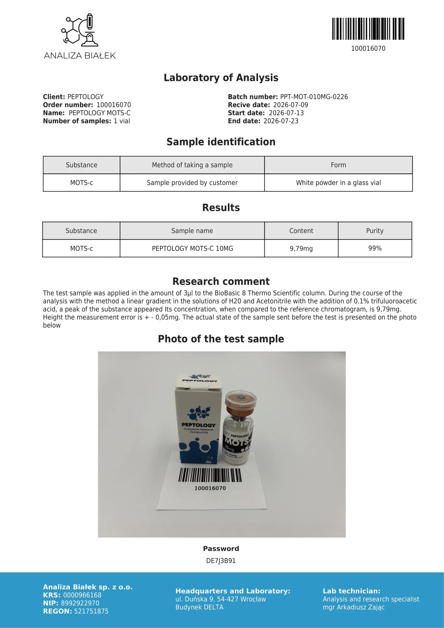MOTS-c 10 mg – HPLC purity certificate