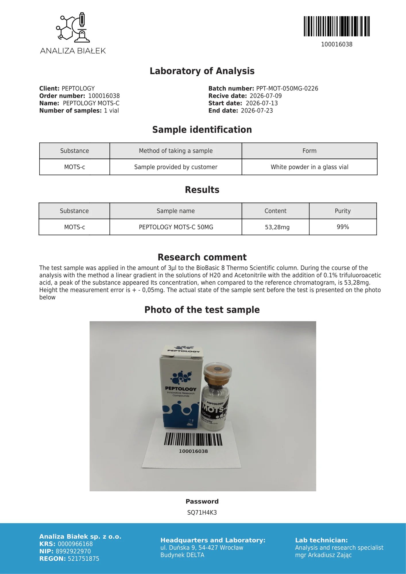 MOTS-c 50 mg – HPLC purity certificate