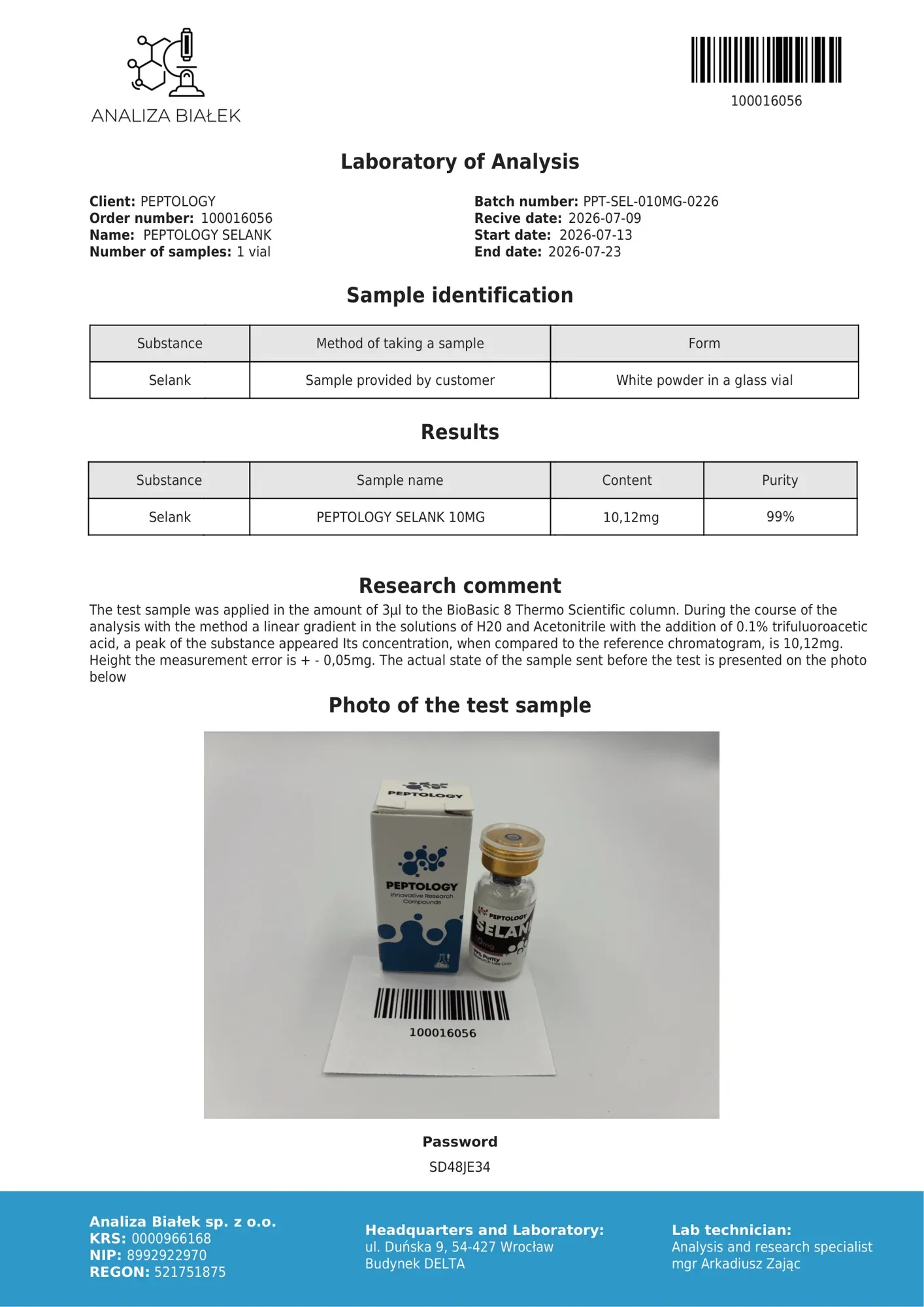 Selank 10 mg – HPLC purity certificate