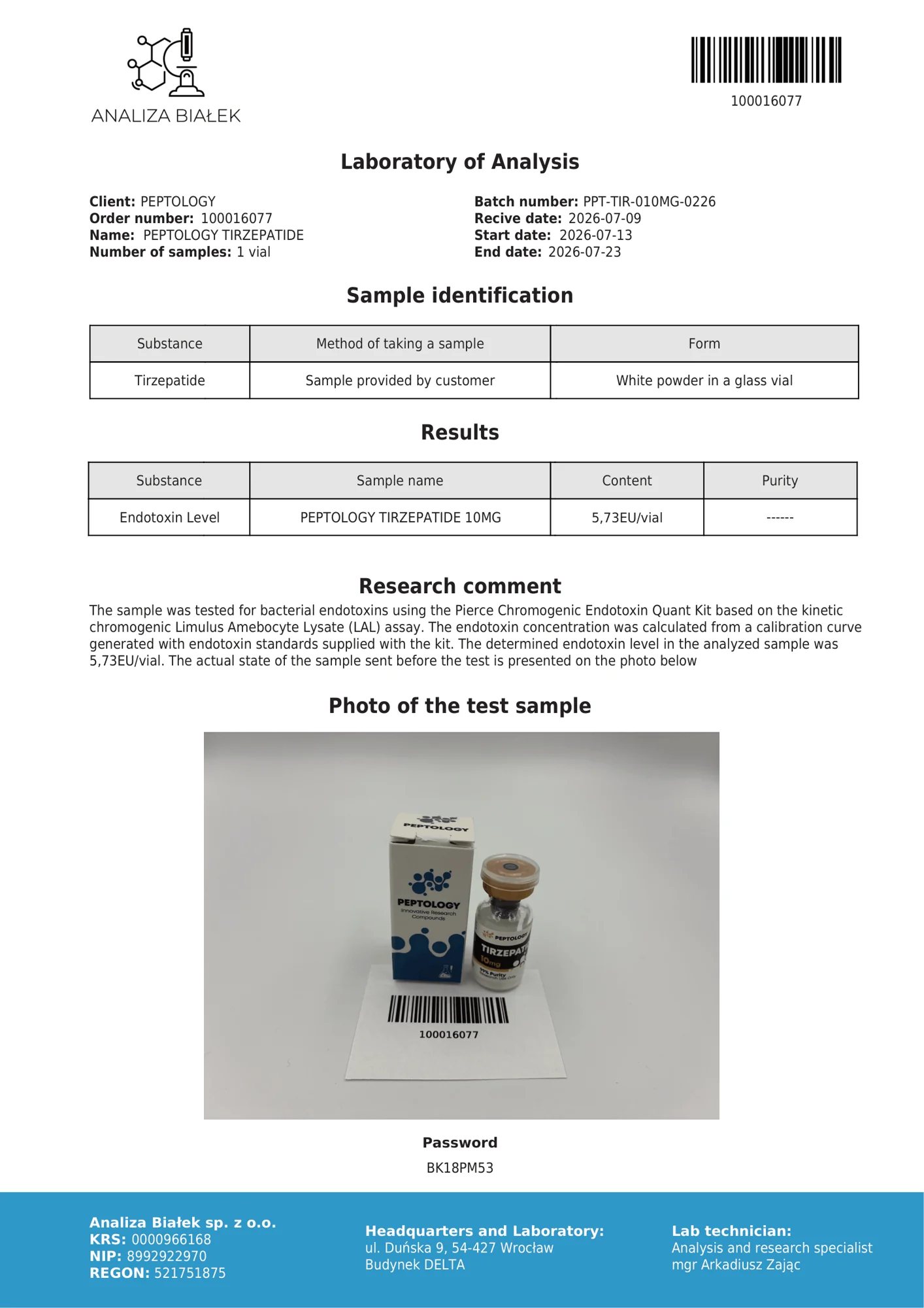 Tirzepatide 10 mg – endotoxin test