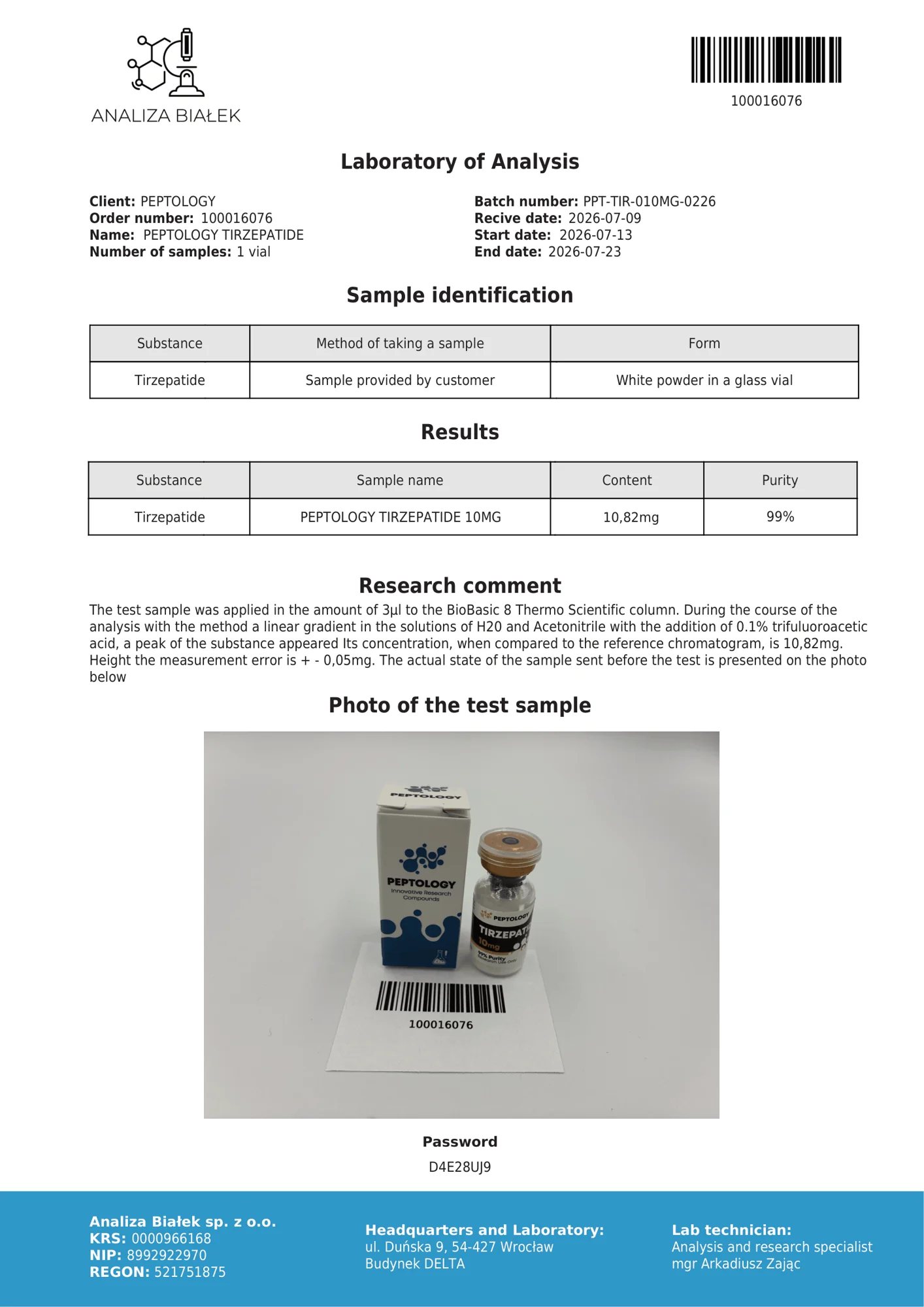 Tirzepatide 10 mg – HPLC purity certificate
