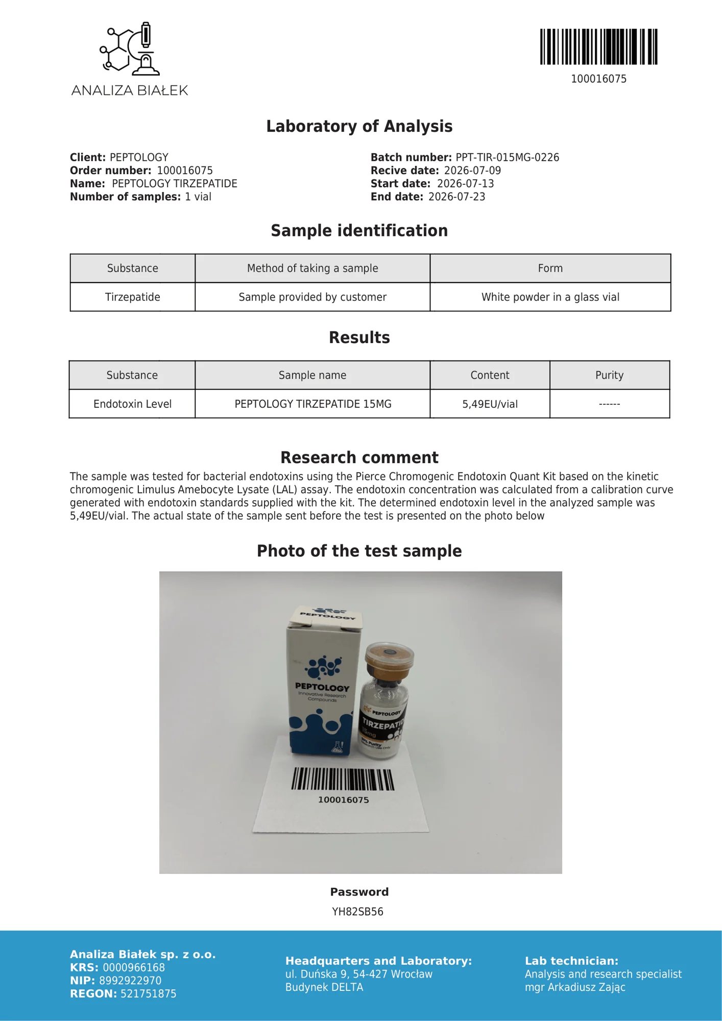 Tirzepatide 15 mg – endotoxin test