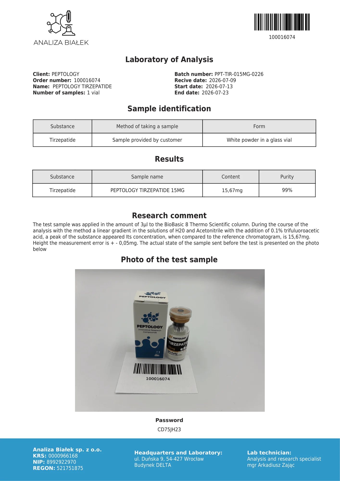 Tirzepatide 15 mg – HPLC purity certificate