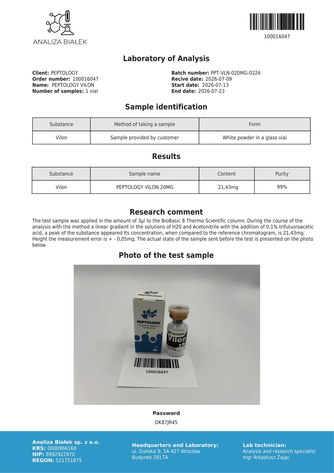 Vilon 20 mg – HPLC purity certificate