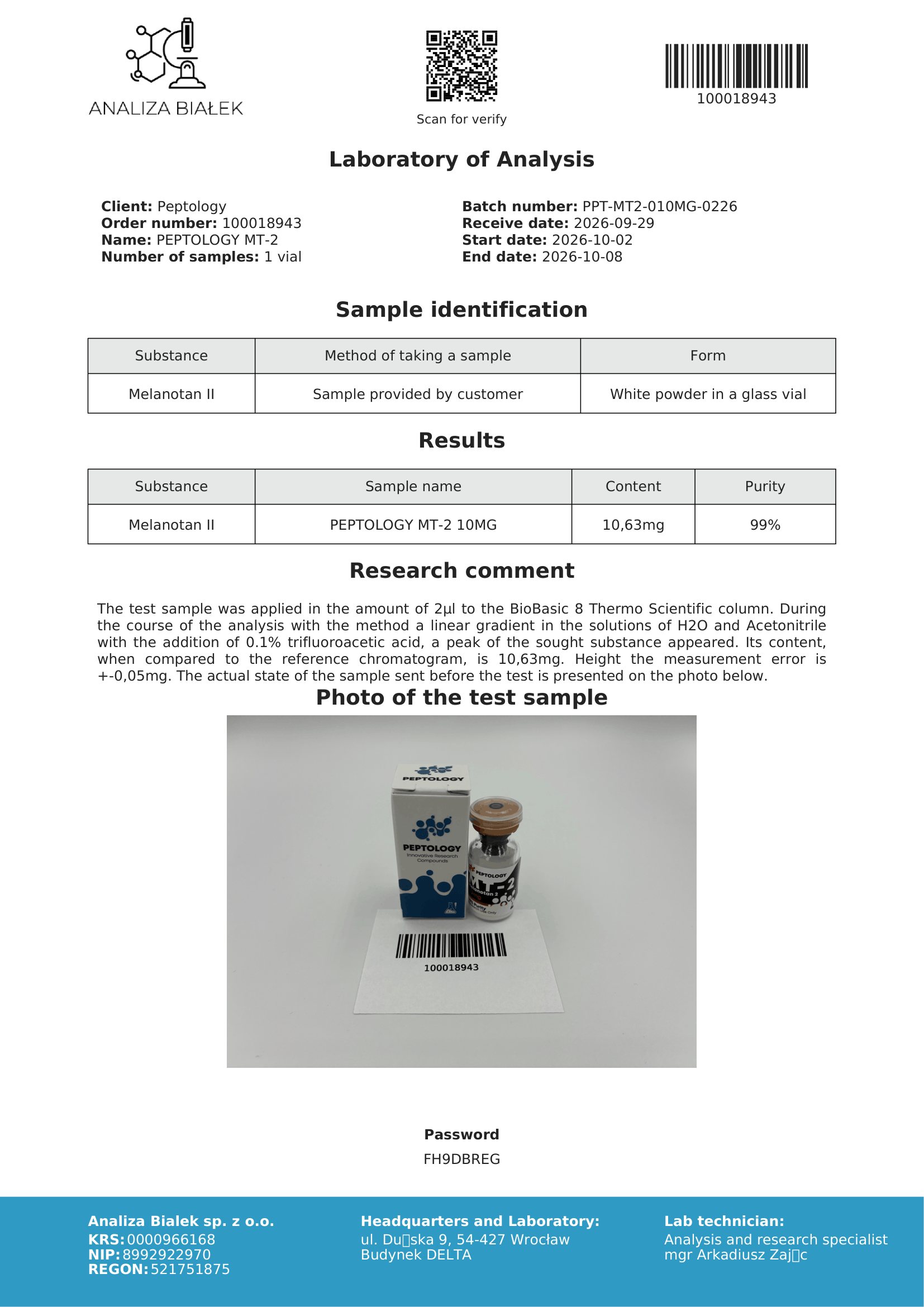 MT-2 – HPLC purity certificate, batch 0226