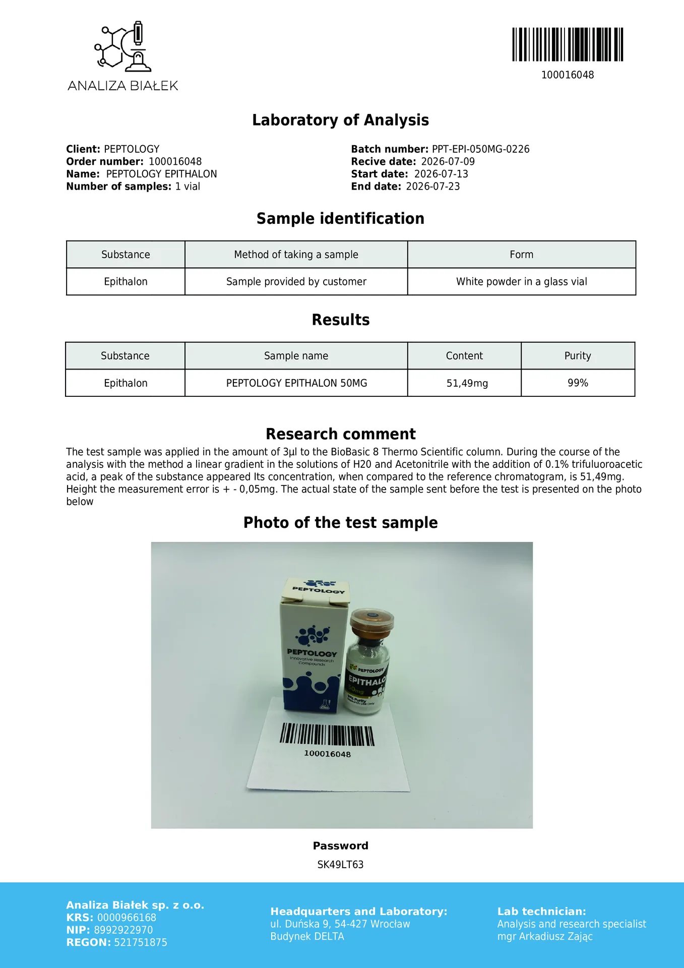Epithalon 50 mg – sünteetiline tetrapeptiid (AEDG) uuringuteks – pilt 2