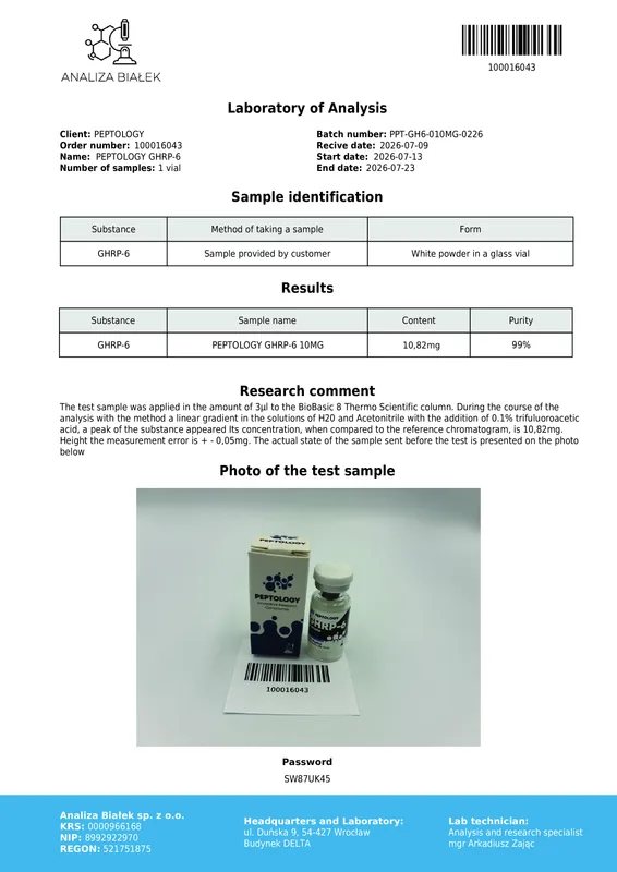 GHRP-6 10 mg – greliini mimeetik (GHS-R1a agonist) pulseeriva GH sekretsiooni uurimiseks – pilt 2