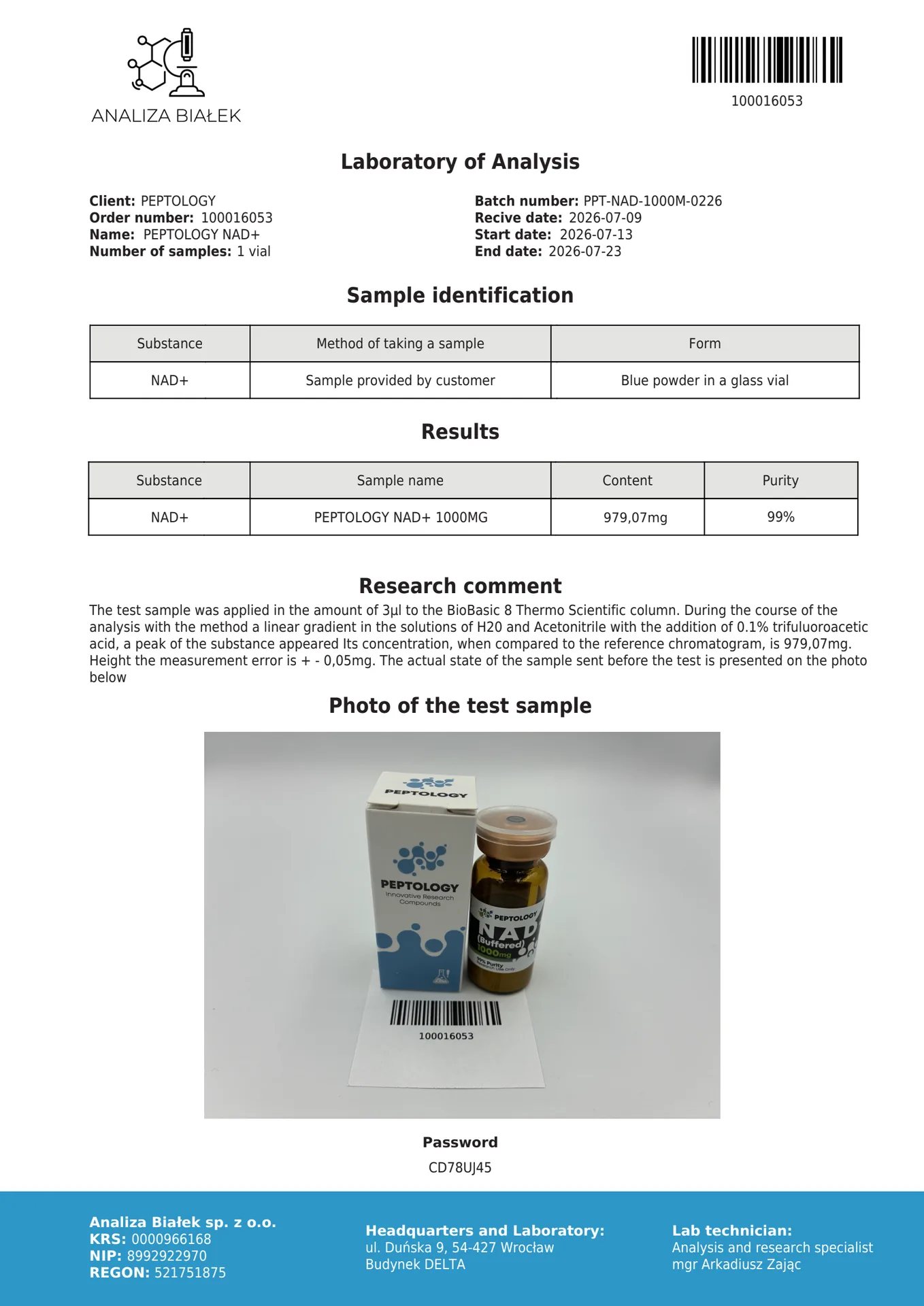 NAD+ (Buffered) 1000 mg – koensüüm mitokondriuuringuteks – pilt 2