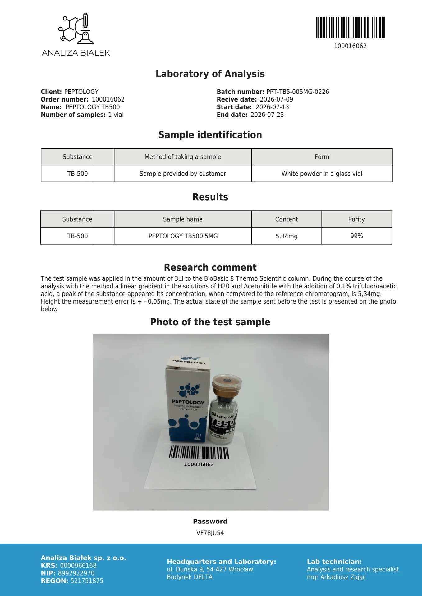 TB500 5 mg/10mg – sünteetiline tümosiin beeta-4 fragment uuringuteks – pilt 2